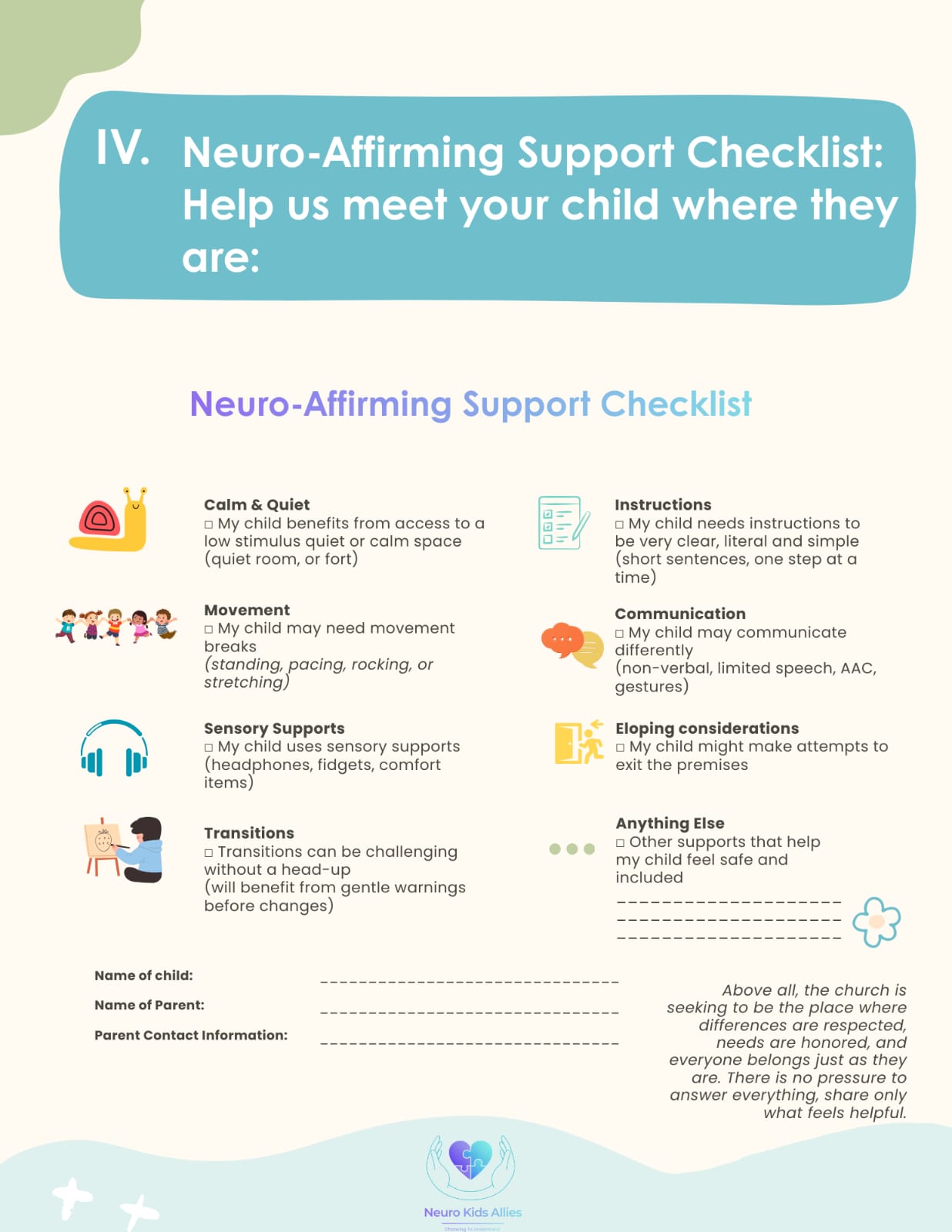 Neuro-Affirming Support Checklist guide for home and community